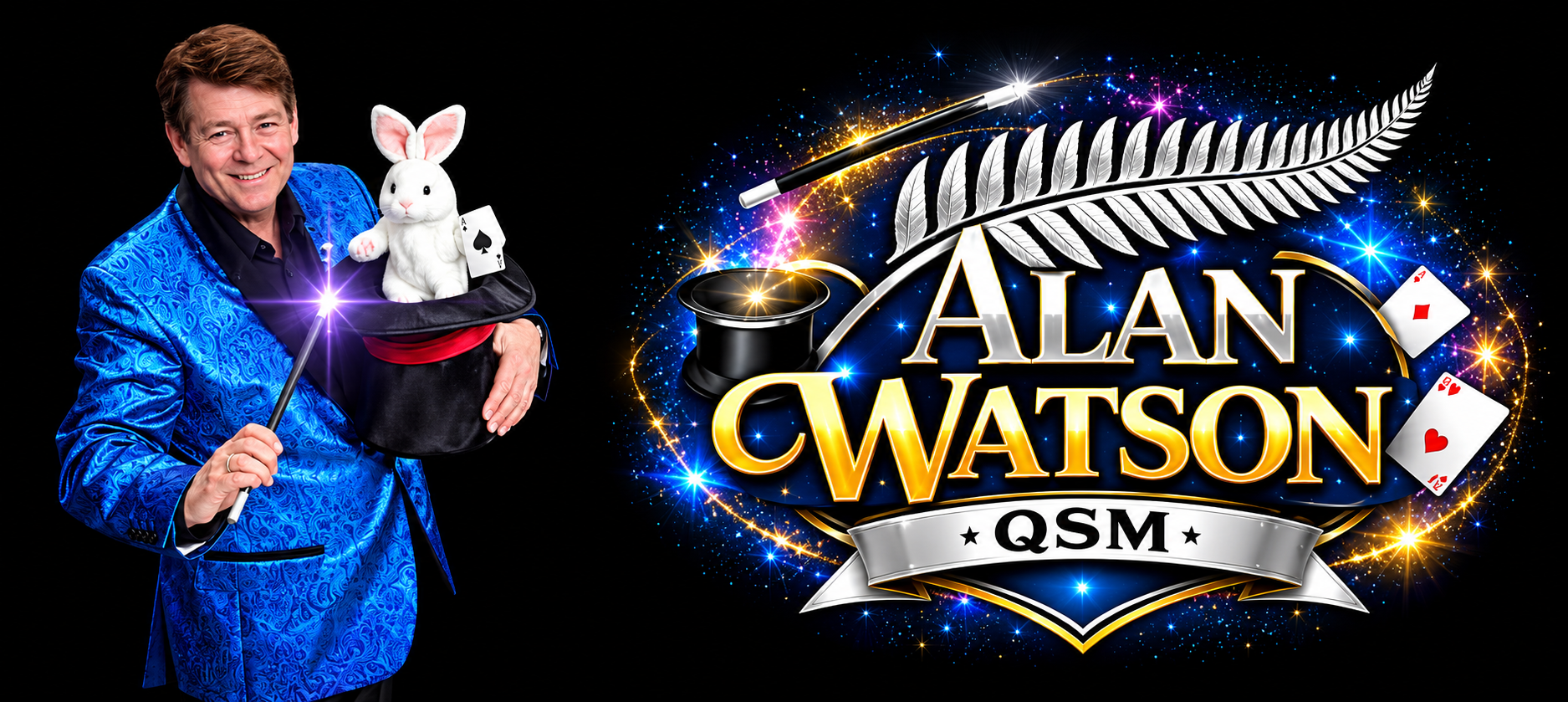 Alan Watson QSM, Auckland magician, beside the Alan Watson QSM logo