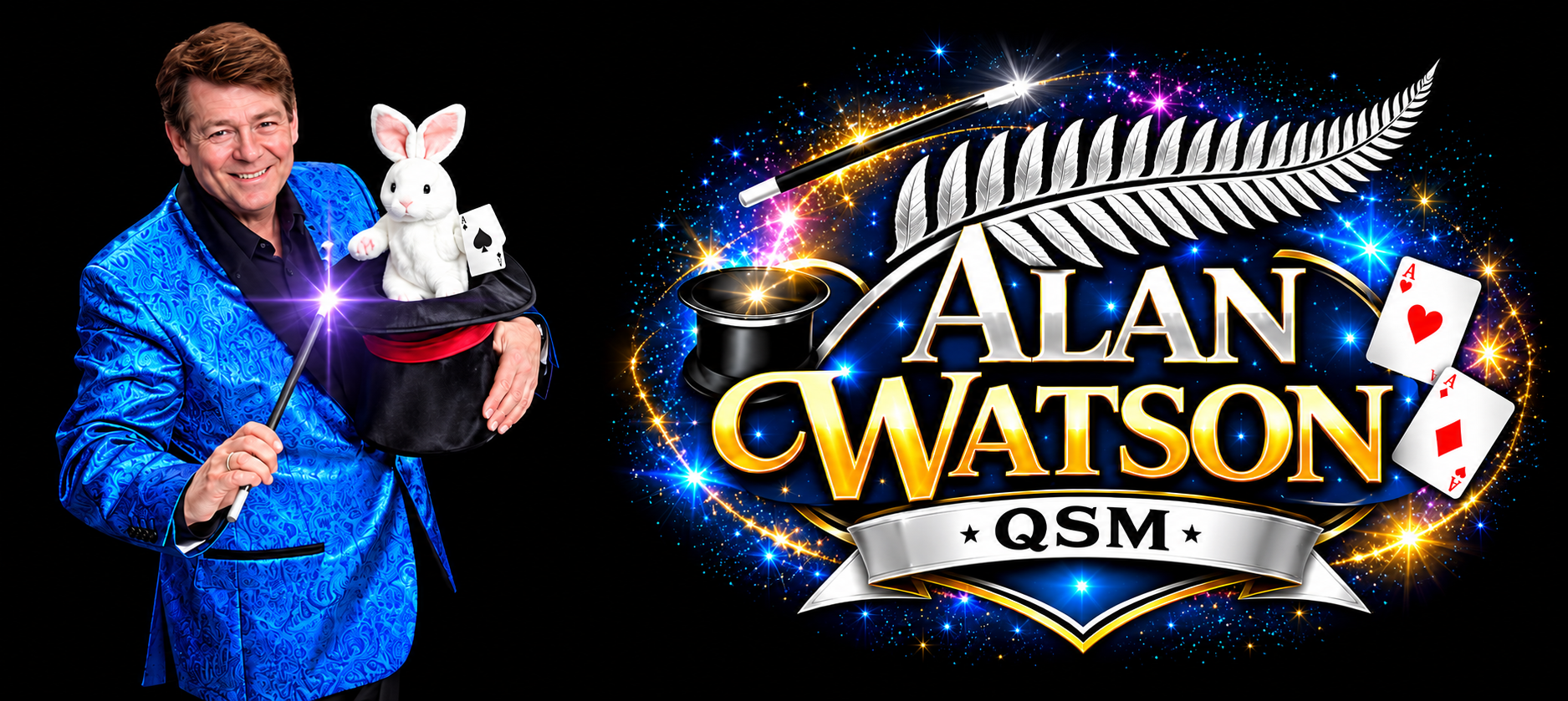 Alan Watson QSM, Auckland magician, beside the Alan Watson QSM logo