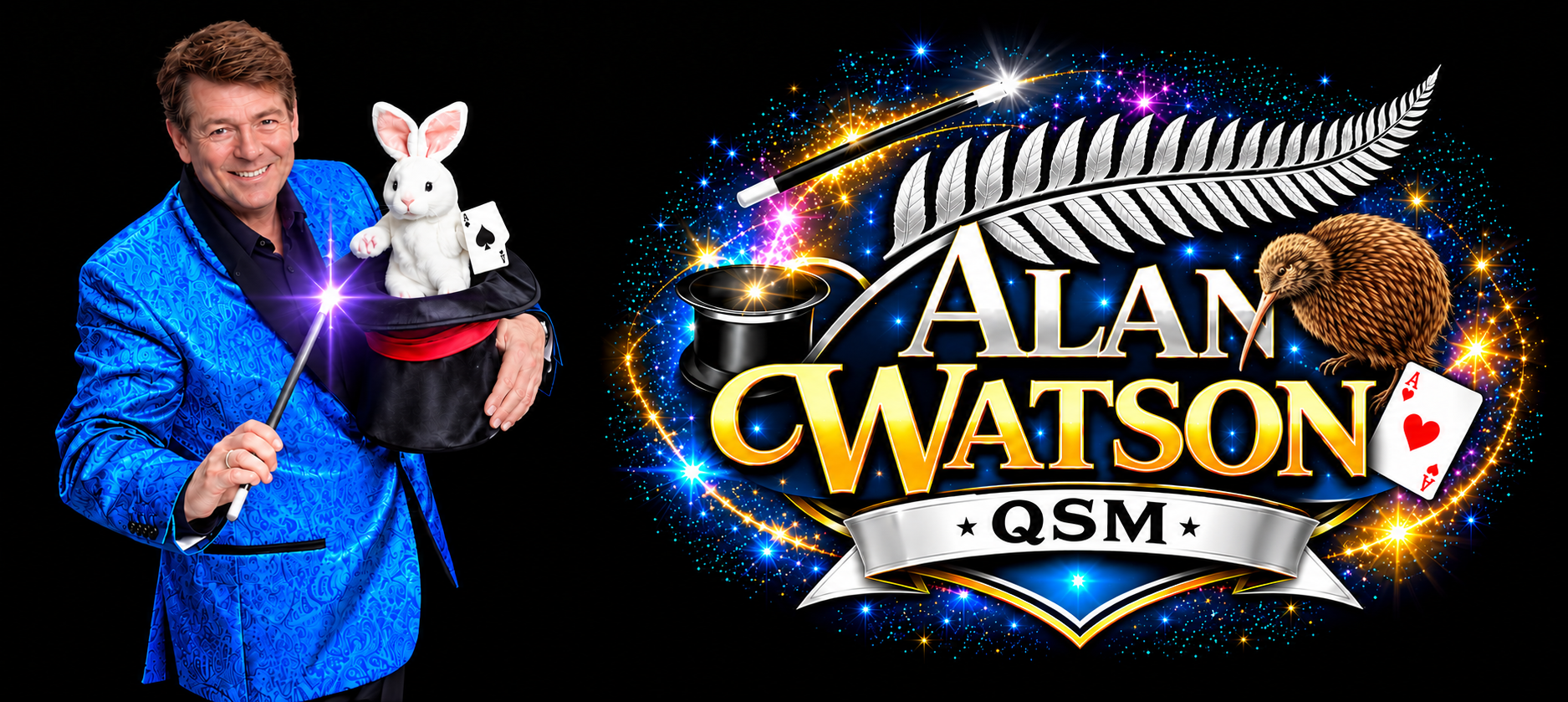 Alan Watson QSM, Auckland magician, beside the Alan Watson QSM logo
